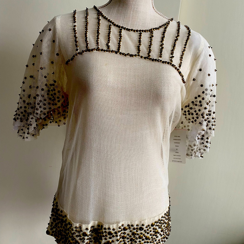Alphamoment Anthropologie Nwt Beaded Sheer Short Sleeve Blouse Size M